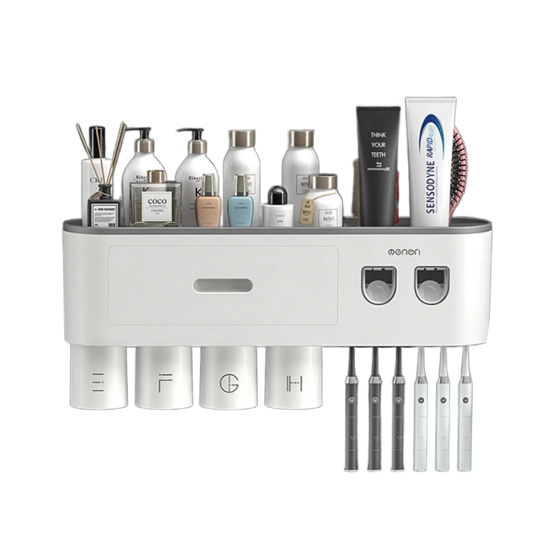 The Ultimate Bathroom Toothbrush Organizer filled with toothbrushes, toothpaste, and other bathroom essentials