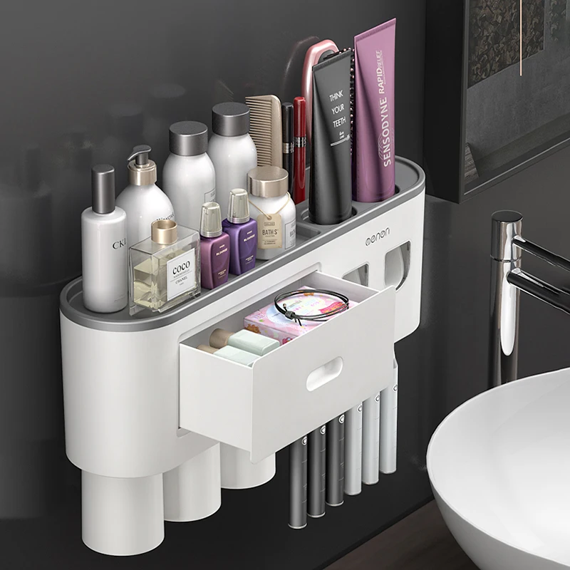 The Ultimate Bathroom Toothbrush Organizer with various items, showing its versatile storage options
