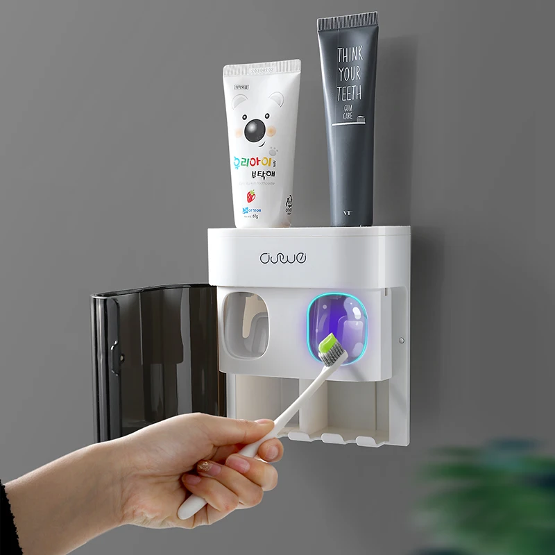 Top-down view of the Ultimate Bathroom Toothbrush Organizer filled with bathroom essentials