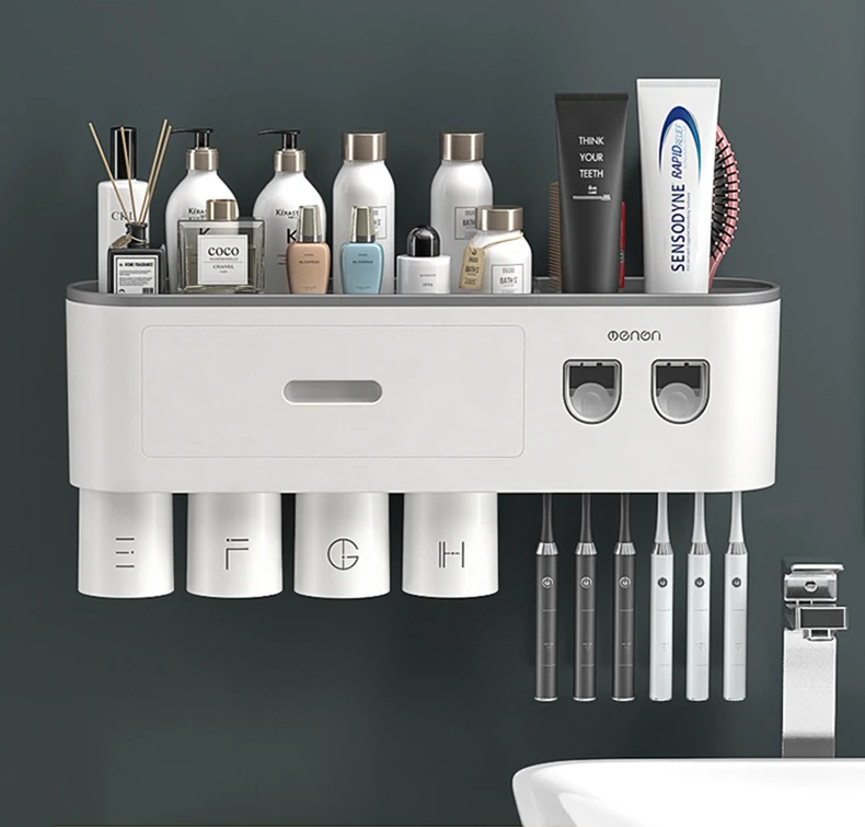 Another angle of the Ultimate Bathroom Toothbrush Organizer showcasing its storage compartments and toothbrush holders
