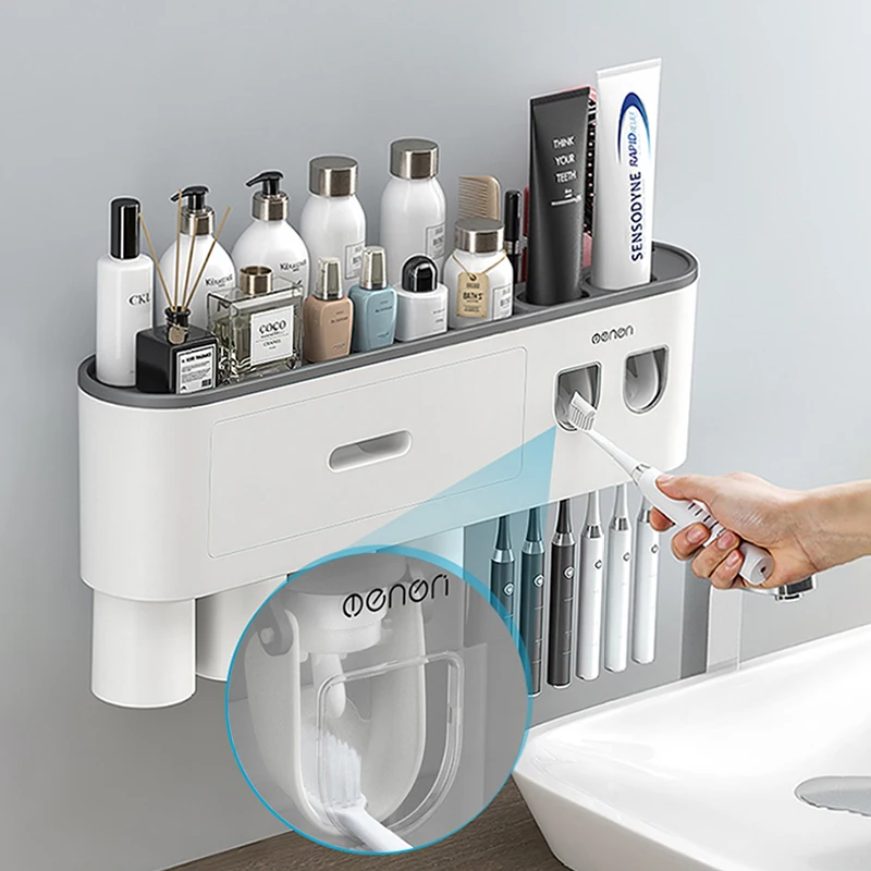 Close-up of toothpaste being dispensed from the dual dispenser of the Ultimate Bathroom Toothbrush Organizer