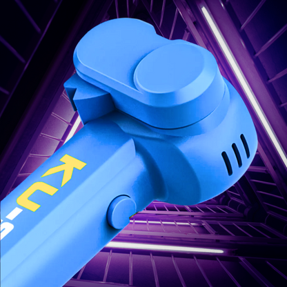 Detailed view of The Whirlwind Spinner's blue handle, showing the grip and the "KU-STRONG" branding