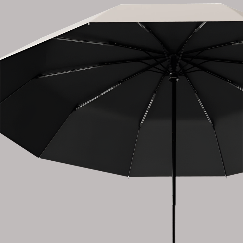 Extra-large umbrella with a black canopy and close-up detail of its features