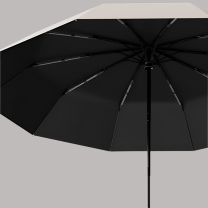 Extra-large umbrella with a black canopy and close-up detail of its features