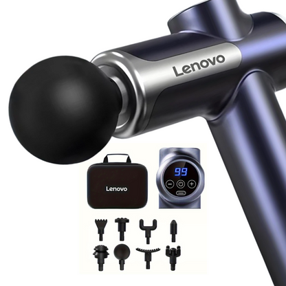 The Lenovo Muscle Relief Massage Device and its carrying case, highlighting portability