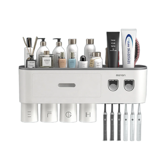 The Ultimate Bathroom Toothbrush Organizer filled with toothbrushes, toothpaste, and other bathroom essentials