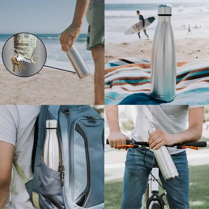 Collage showing the Secret Stash Water Bottle in various scenarios, such as at the beach, in a bag, and being used as a water bottle.