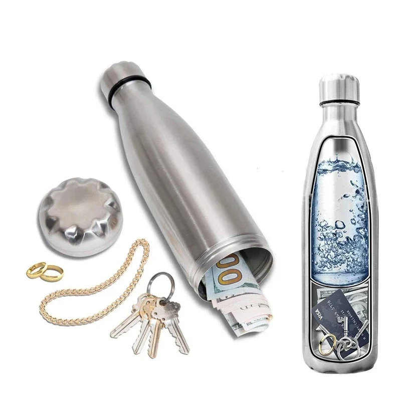 isassembled view of the Secret Stash Water Bottle, showing the bottle, hidden compartment, and separate components