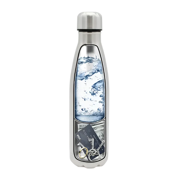 The Secret Stash Water Bottle with the hidden compartment open, revealing cash, keys, and other small items.