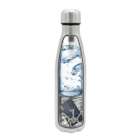 The Secret Stash Water Bottle with the hidden compartment open, revealing cash, keys, and other small items.